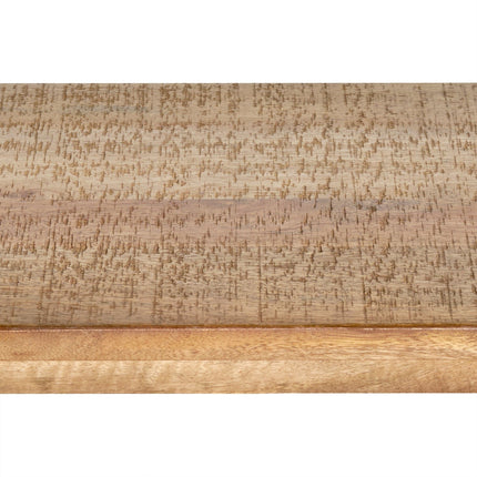 The Mango Console, crafted from eco-friendly wood, showcases natural grain textures and a lighter wood band along the bottom. Its tonal variations make it an elegant addition to dining rooms.