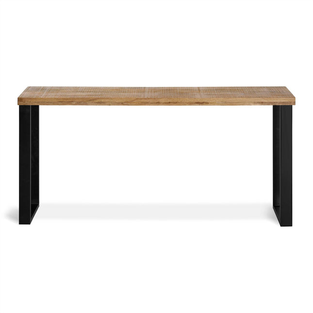 The Mango Console is a rectangular wooden table made from eco-friendly materials, featuring a smooth surface and sleek black metal legs, elegantly showcased against a white background.