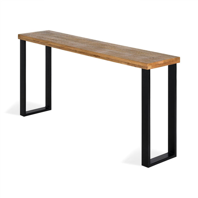 The Mango Console is a minimalist table with a light brown mango wood top and black metal frame. Its rectangular shape is supported by two U-shaped metal legs. Eco-friendly and modern, its perfect for contemporary dining rooms.