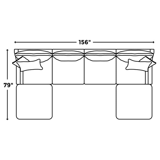 Line drawing of the My Cloud / Slope Arm customizable sectional sofa, 156 wide x 79 deep. Includes three cushiony sections and two square ottomans with pillows. Features machine-washable covers for easy maintenance.