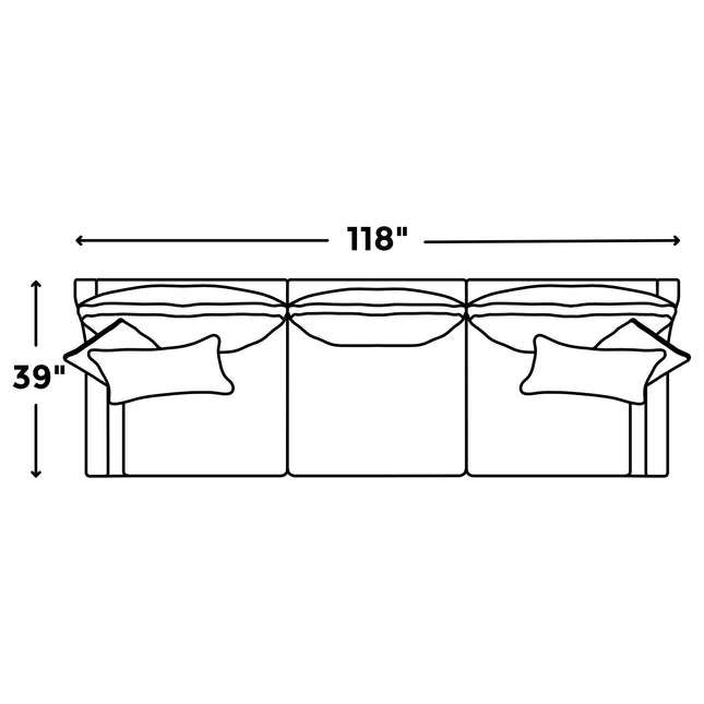 Diagram of the customizable My Cloud / Slope Arm sectional sofa, showing dimensions: width 118 inches, height 39 inches. The comfy sectional includes three sections with cushions and back pillows; each section also features an accent pillow.