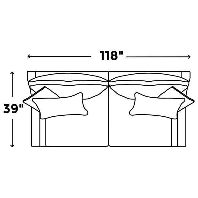 Illustration of the My Cloud / Slope Arm sectional sofa, 118 wide and 39 tall, featuring two seat and back cushions, plus two smaller rectangular throw pillows with machine-washable covers.