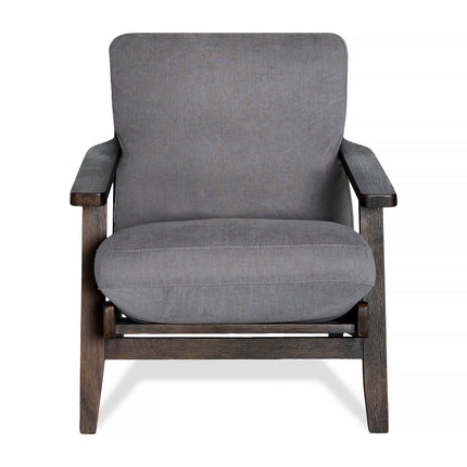 The Peyton Chair, in a front-facing view, showcases modern comfort with dark wooden armrests and legs. Reminiscent of mid-century style, it features gray cushions on the seat and backrest for a simple yet stylish look.