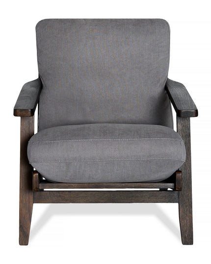 The Peyton Chair, in a front-facing view, showcases modern comfort with dark wooden armrests and legs. Reminiscent of mid-century style, it features gray cushions on the seat and backrest for a simple yet stylish look.