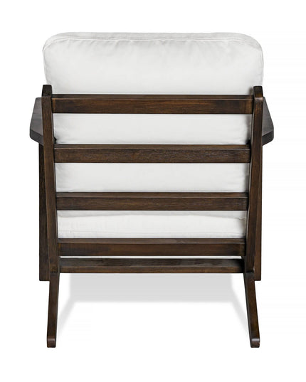 The Peyton Chair boasts a slatted back and cushioned seat in mid-century style. With a white cushion, dark wood finish, and slightly angled legs, its both comfortable and stylish when viewed from behind.