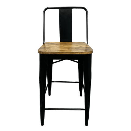 The Mango Counter Stool features a sleek black metal frame with a natural mango wood seat, ideal for your kitchen. It includes a simple backrest, sturdy legs, and a convenient footrest.