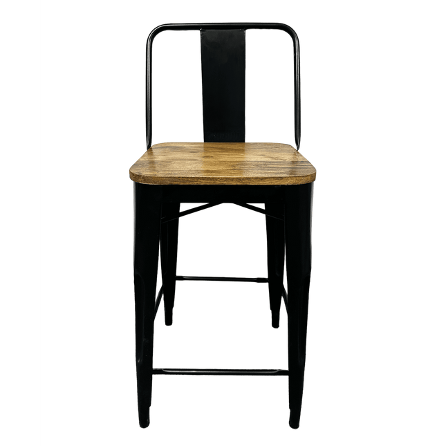 The Mango Counter Stool features a sleek black metal frame with a natural mango wood seat, ideal for your kitchen. It includes a simple backrest, sturdy legs, and a convenient footrest.