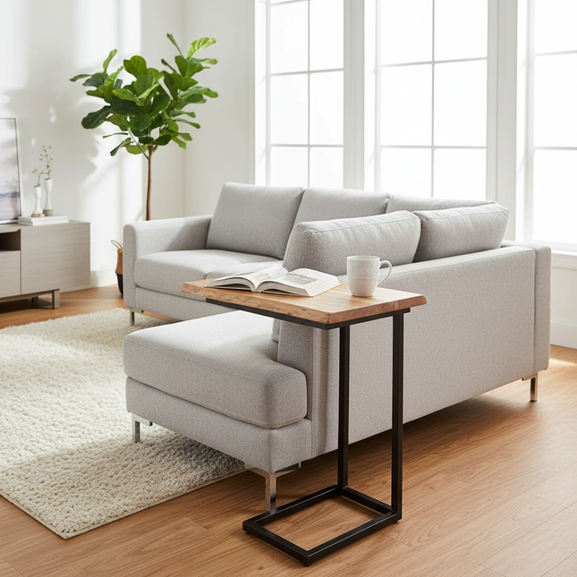 Live Edge acacia C-Table sliding beside a sofa in a bright modern living room with a book and coffee mug on top