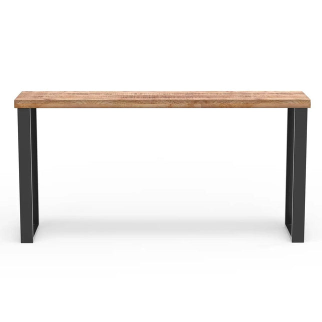 The Mango Console is a minimalist table made from eco-friendly mango wood, featuring black metal legs. Its rectangular shape and modern design fit well in contemporary interiors and dining rooms, with visible wood grain adding to its natural allure.
