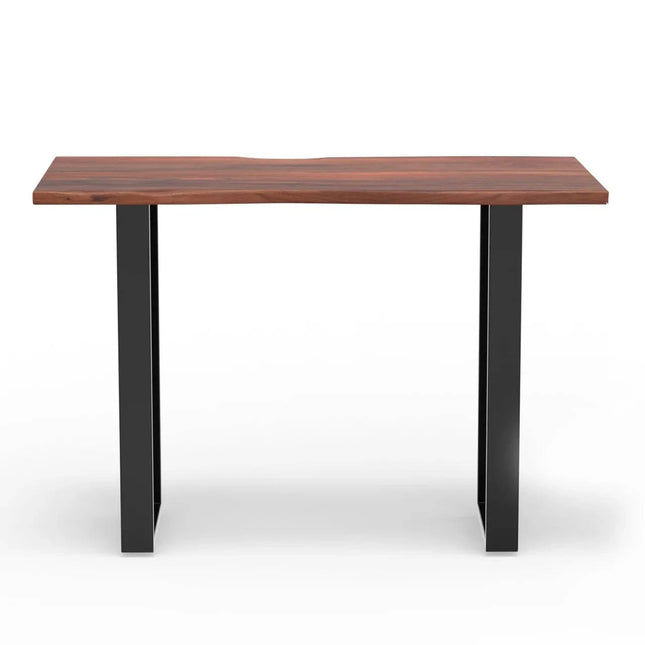 The Live Edge Console is a rectangular table made from live edge acacia wood with a natural finish, showcasing a subtle wave design on the top. It is supported by two sturdy black metal legs on either side.