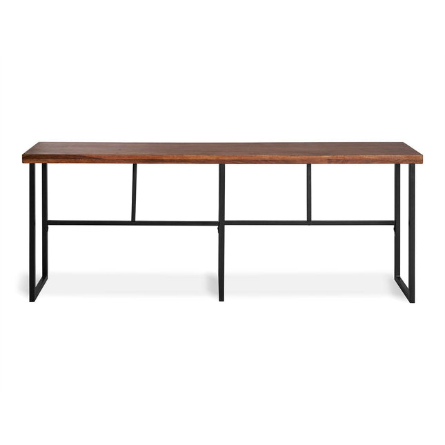Discover the Rosewood Console, an eco-friendly furniture piece. This minimalist bench features a dark brown rosewood top and black metal legs on a sturdy, geometric frame—perfect for modern interiors or outdoor spaces.
