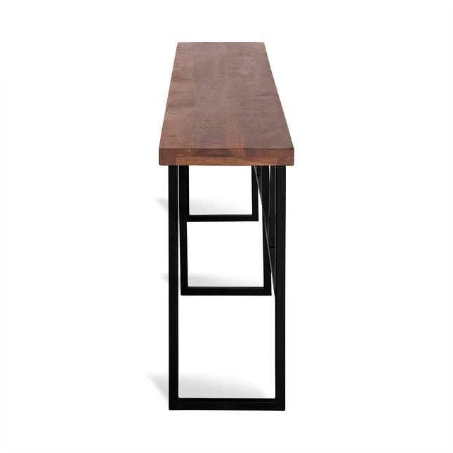 The Rosewood Console is a stylish bench featuring a smooth, dark brown wooden top and minimalist black metal legs in an open frame structure. It exudes elegance as dining room furniture against the white background.