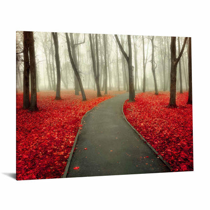 Red Autumn: A winding path in a foggy forest, surrounded by tall, bare trees. The ground is vibrant with red leaves, creating a stunning piece that contrasts beautifully with the grayish fog, reminiscent of museum-quality art.