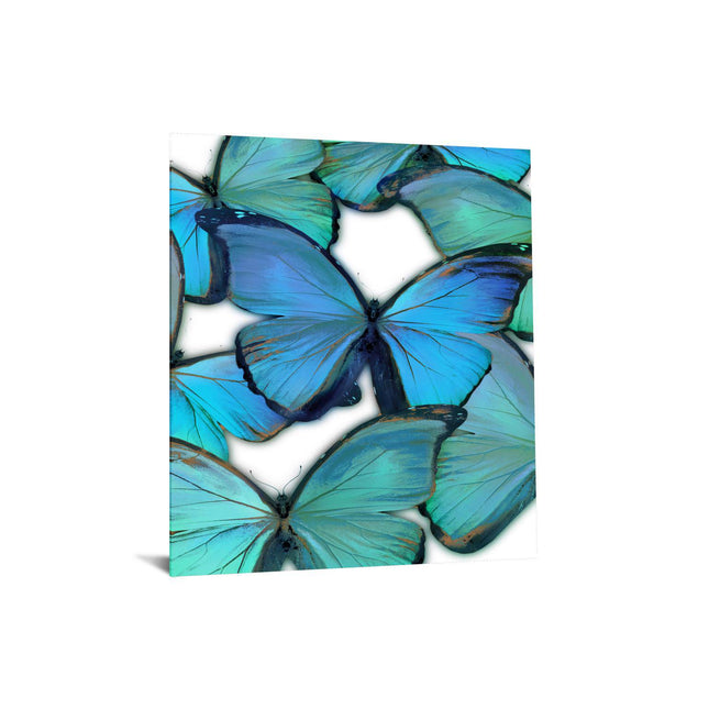 The Butterfly artwork features vibrant turquoise and blue butterflies with black-edged wings on a white background, overlapping to create a stunning, museum-quality piece ideal for your home or office.