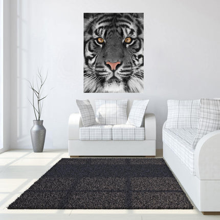 A modern living room with white furniture and a dark gray rug features the Tiger Eyes artwork on the wall. Sunlight streams through tall windows, highlighting a gray vase on the tempered glass floor—creating an inviting ambiance for home or office.