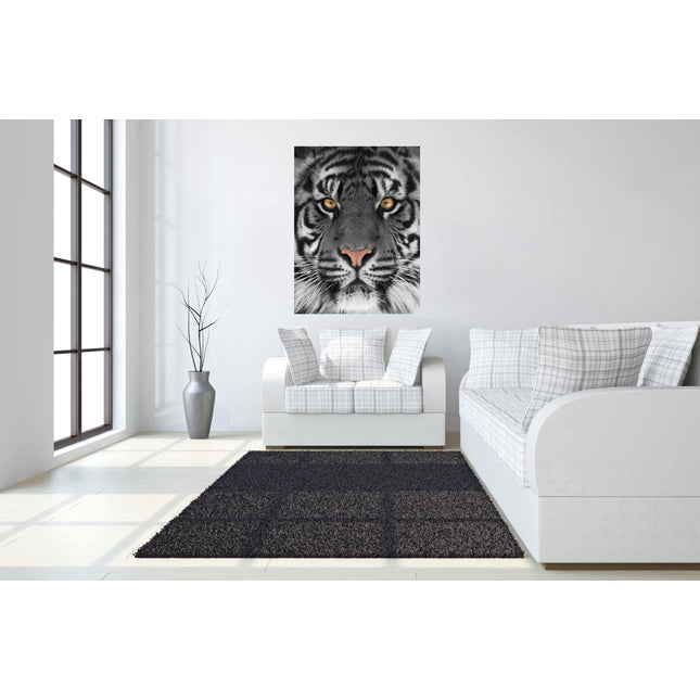 A modern living room with white furniture and a dark gray rug features the Tiger Eyes artwork on the wall. Sunlight streams through tall windows, highlighting a gray vase on the tempered glass floor—creating an inviting ambiance for home or office.