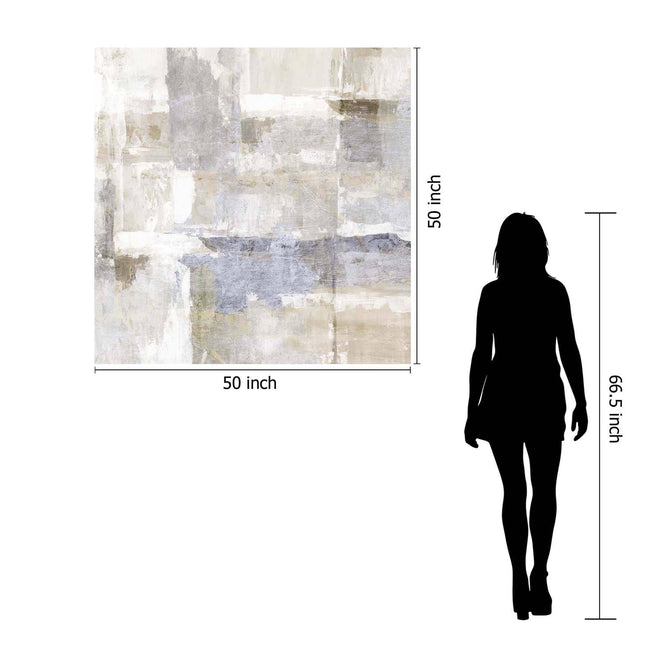 Neutral Sights, a modern abstract museum-quality painting in neutral tones, measures 50x50 inches and hangs beside a silhouette of a 66.5-inch-tall person for scale. The artworks presence and style leave a lasting impression.