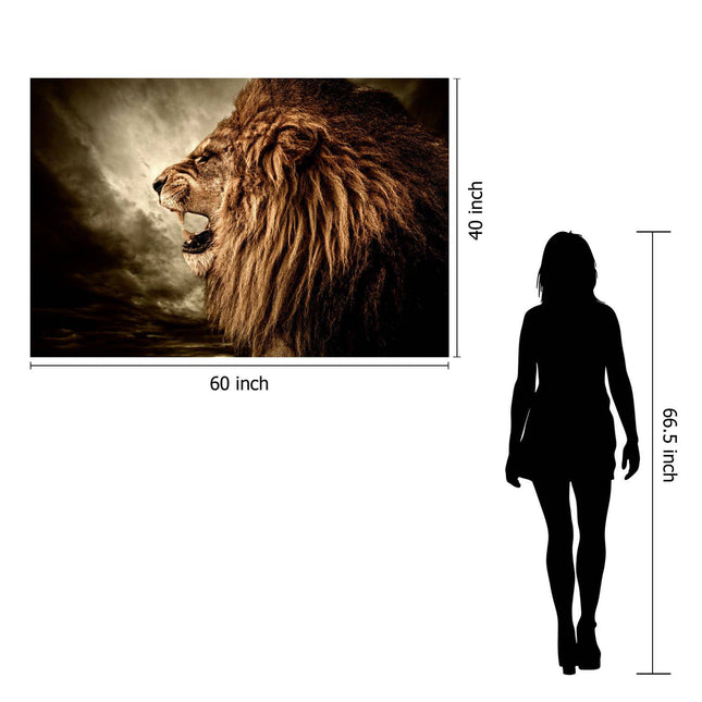 Illustration of a large 60x40-inch painting titled Lion, mounted on floating tempered glass for a museum-quality look. A silhouette of a person, standing 66.5 inches tall, is shown next to it for scale, emphasizing the artworks impressive presence.