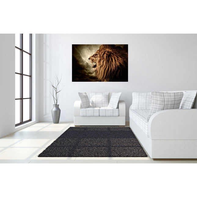 A modern living room features a white sofa with plaid cushions and a dark gray rug. Above the sofa, Lion, a large museum-quality portrait, makes a statement. Floor-to-ceiling windows fill the space with natural light, highlighting a tall vase of thin branches.