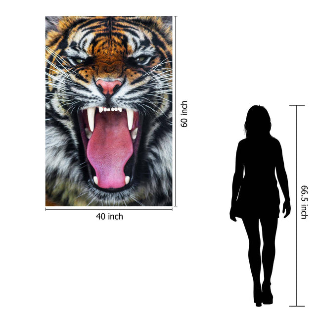 The Roaring Tiger poster, 40x60, is displayed beside a 66.5 tall silhouette for size reference, highlighting its museum-quality artwork and captivating lifelike detail.