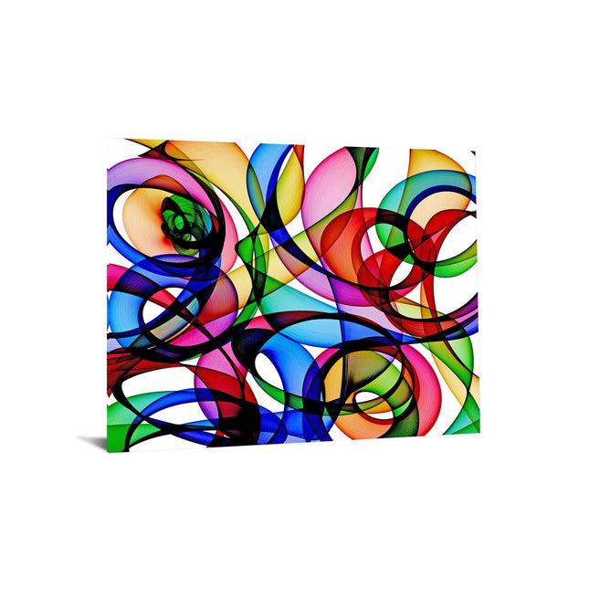 The Collage Of Colors is a museum-quality abstract artwork on tempered glass, showcasing swirling lines and shapes in red, blue, yellow, and green against a white background. It creates a dynamic visual effect that leaves a lasting impression.
