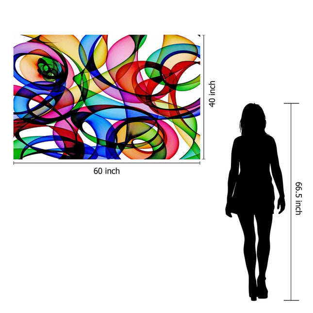 Collage Of Colors is a museum-quality artwork featuring colorful overlapping loops in various shapes, measuring 60 inches wide by 40 inches high. A silhouette highlights its size compared to a 66.5-inch height, leaving a lasting impression with its vibrant display.
