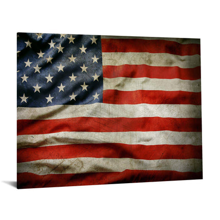 The USA Flag is a vintage-style piece, reminiscent of museum-quality artwork, featuring thirteen stripes and fifty stars on a faded backdrop. Its slightly worn appearance leaves a lasting impression suitable for any setting.
