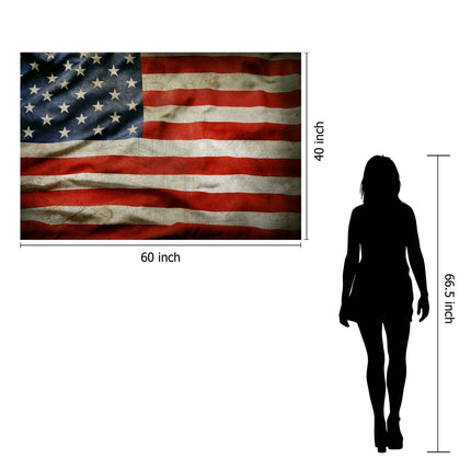 An image features a 60x40 inch USA Flag paired with a 66.5-inch tall silhouette for scale, creating museum-quality artwork that impresses with its striking elegance.