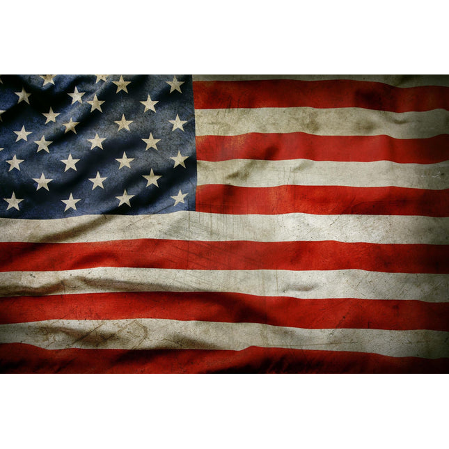 The image showcases a textured, weathered USA Flag with visible folds, elegantly framed in floating tempered glass. Its 50 white stars on a blue field and 13 red and white stripes have a slightly faded look, enhancing its vintage appeal as a piece of museum-quality artwork.