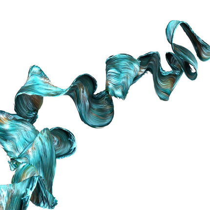 The Turq Squiggly artwork features a teal and copper ribbon-like design on white, resembling a flowing brushstroke with textured, shimmering surfaces that create dynamic movement.