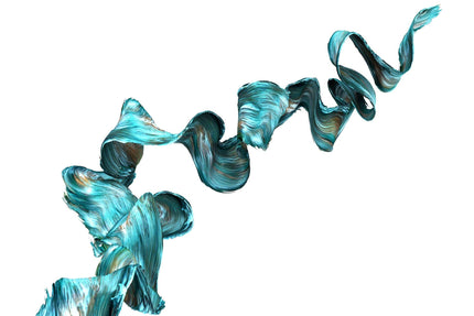 The Turq Squiggly artwork features a teal and copper ribbon-like design on white, resembling a flowing brushstroke with textured, shimmering surfaces that create dynamic movement.