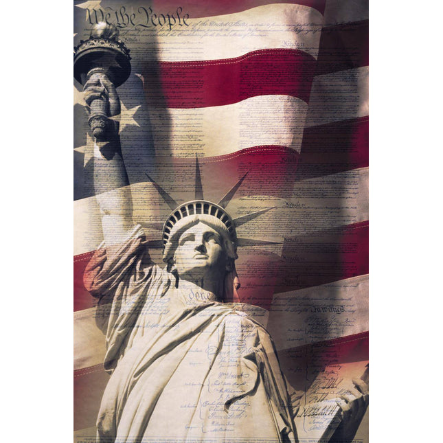 The image features We The People, depicting the Statue of Liberty, the U.S. Constitution, and an American flag on tempered glass. This museum-quality piece embodies freedom and the nations founding values, creating a lasting impression.