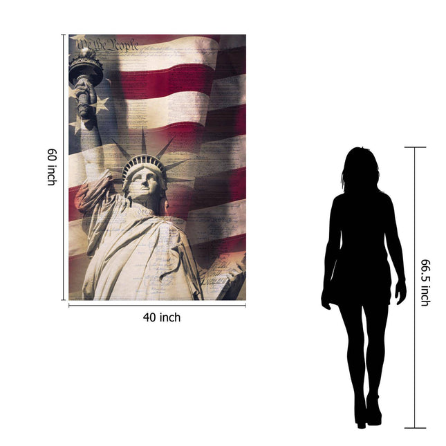 The We The People poster features the Statue of Liberty against the U.S. Constitution and an American flag as museum-quality artwork. Measuring 40x60, its grand scale is emphasized by a silhouetted figure standing beside it, highlighting its impressive presence.
