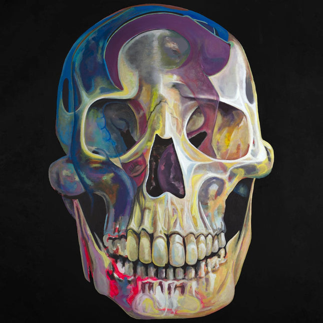 Color My Skull is a vibrant abstract painting featuring a human skull with swirling purple, blue, yellow, and red patterns on a dark background. This museum-quality artwork highlights eye sockets and teeth with artistic color splashes, making it ideal for any home or office.