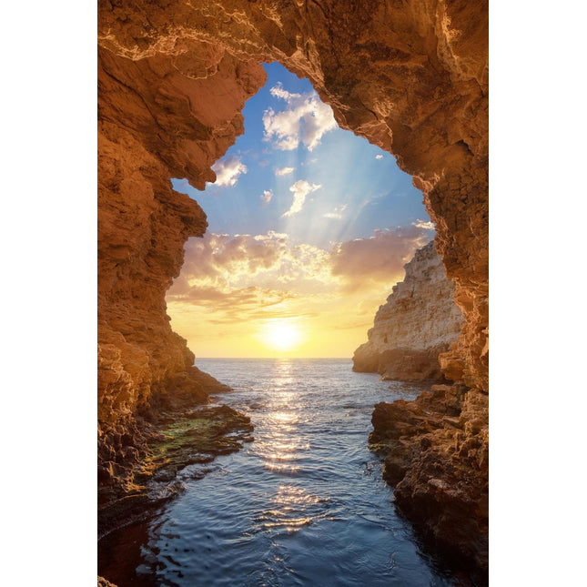 Experience the breathtaking Grotto Sunset: the rocky cave opening frames a majestic sunset, with golden sunlight reflected on a calm ocean. Scattered clouds in the illuminated sky create a museum-quality scene, providing a lasting impression against vibrant hues.