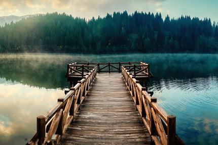 Dock View depicts a serene wooden pier extending over a misty lake to a square platform, framed by dense pine forests under soft dawn or dusk light, offering museum-quality artwork ideal for any home or office setting.