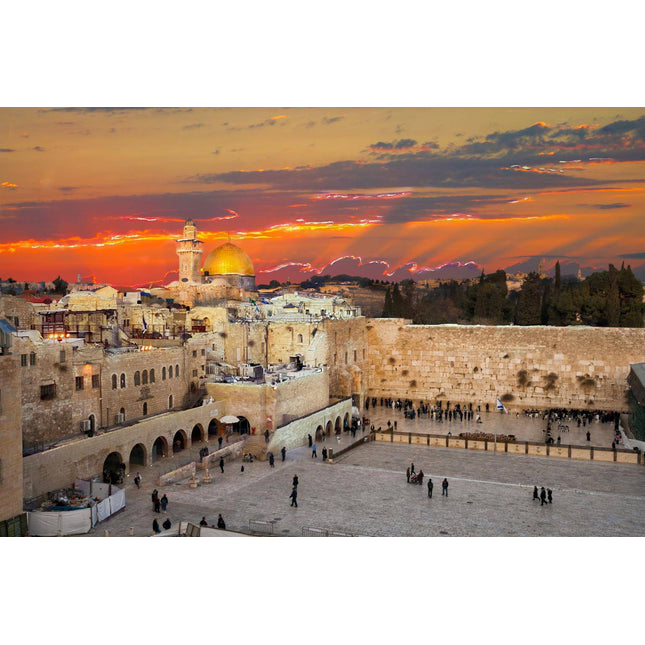 The image highlights museum-quality artwork titled Jerusalem, featuring the Western Wall in a vibrant sunset. The orange and pink sky frames the golden Dome of the Rock while people gather, leaving a lasting impression of historic architecture.
