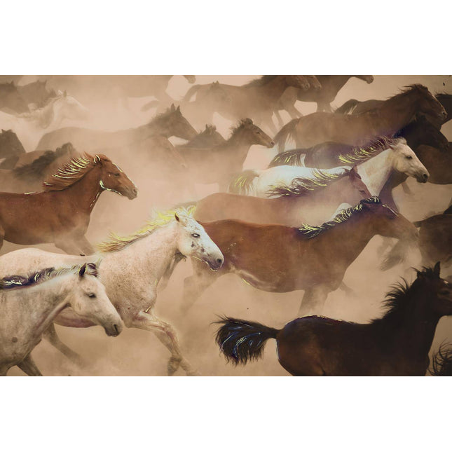 Experience the energy of Wild Horses, a museum-quality artwork capturing a herd in motion, with brown and white horses galloping through a dusty landscape. Their flowing manes and swirls of dust beautifully convey movement and vitality.