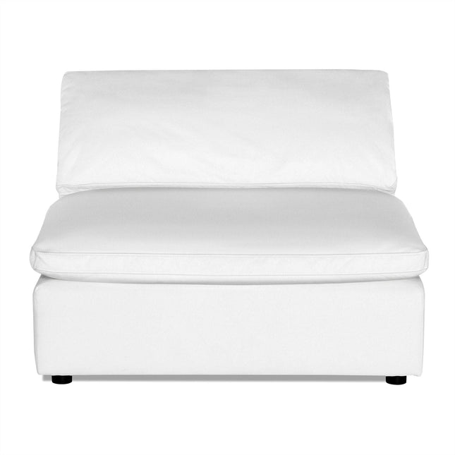 The Peyton Armless chair, in white, features a cushioned backrest and seat, ideal for modern living spaces. Its minimalist design includes small round black legs and is perfect as a sectional piece in any refined setting.