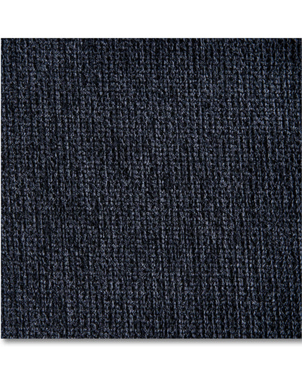 Close-up of a dark blue textured carpet tile with vertical ribbed patterns, reminiscent of the design in My Cloud 4 Piece Straight. The square tile, resembling machine-washable fabric sections, stands out against a white background, highlighting its detailed fibers.