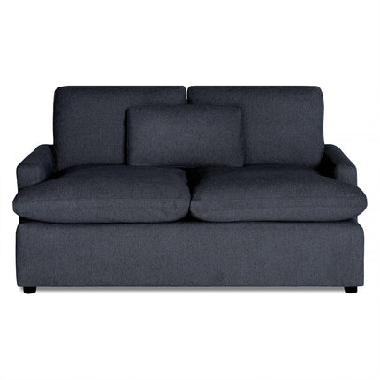 The My Cloud Loveseat, with its plush dark gray cushions and minimalist design, stands out elegantly against a white background, offering stylish comfort with its central cushion for added luxury.