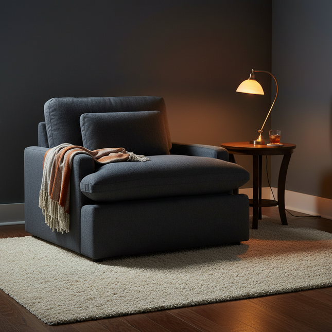 My Cloud Power Recliner in Slate Blue staged in a cozy movie-night den