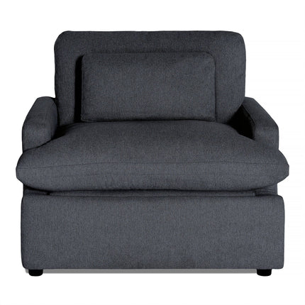 The My Cloud Power Recliner, a large dark gray upholstered armchair, features a plush back cushion, wide seat, and thick cushioned armrests that promise comfort. Its sturdy base conceals customizable features enhancing its appeal.