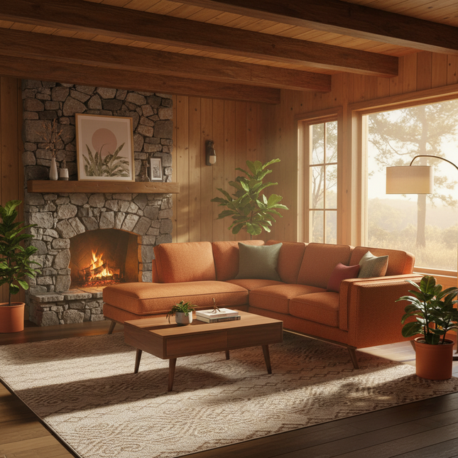 Maddox sectional in Terra Cotta staged in a warm rustic lodge cabin living room