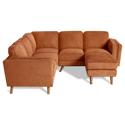 The Maddox is a brown L-shaped sectional with plush cushions and wooden legs, embodying mid-century modern elegance. Perfectly set against a white background, it adds timeless sophistication to any living room.