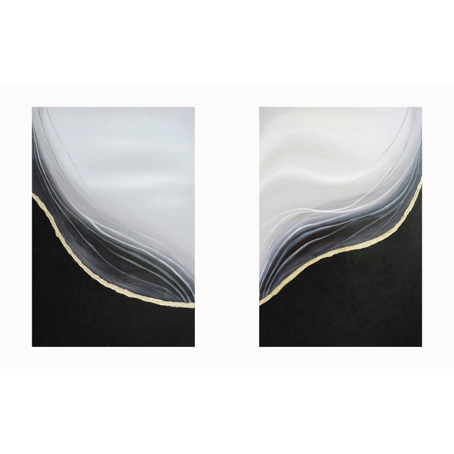 The Curve Set is a diptych artwork on hand-painted textured canvas, showcasing flowing layers of black, grey, and white with a gold wavy line dividing the sections. These museum-quality pieces offer a stunning sense of movement and harmony.