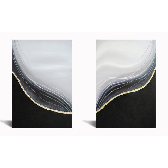 The Curve Set features two museum-quality artworks on textured canvas with smooth layers of black, white, and gray. Each piece has a graceful curved gold line that separates the dark lower section from the lighter upper area.