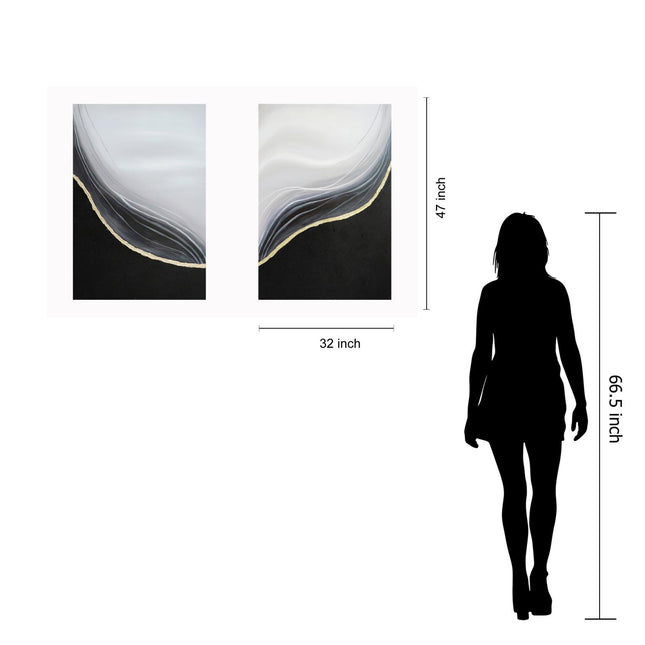 The Curve Set is a two-panel abstract artwork on hand-painted textured canvas, showcasing layered wave patterns in white, gray, and black with gold accents. Each piece measures 47 inches tall by 32 inches wide, with a person silhouette for size comparison.