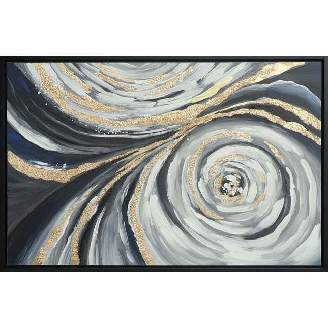 The Golden Spiral is a museum-quality abstract painting featuring swirling patterns in black, white, and gold. Its bold curves and gold accents create a dynamic, vortex-like effect with textured details against a dark background, leaving a lasting impression on viewers.