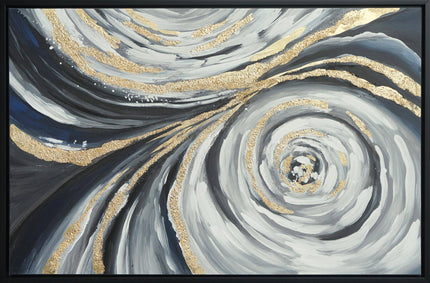 The Golden Spiral is a museum-quality abstract painting featuring swirling patterns in black, white, and gold. Its bold curves and gold accents create a dynamic, vortex-like effect with textured details against a dark background, leaving a lasting impression on viewers.